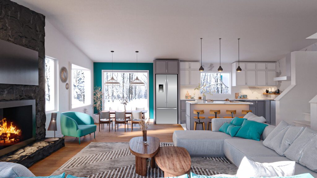 Open kitchen and living room with a stone fireplace and teal accents