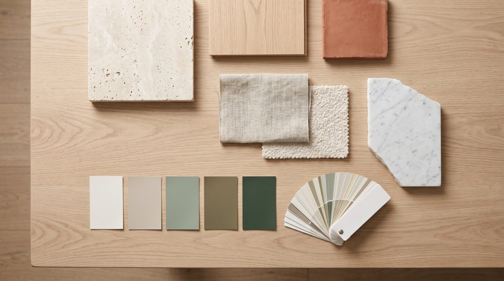 Flat lay of interior materials: travertine, oak, terracotta tile, marble, linen and bouclé swatches, and paint chips from warm white to deep green.