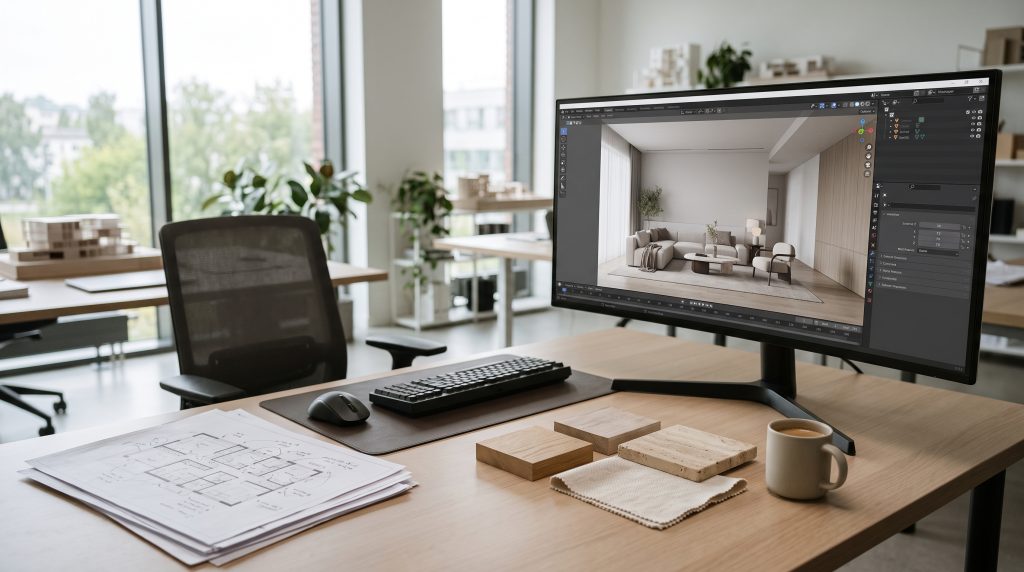 A 3D visualization workstation: a monitor showing a living room in a 3D modeling program, a printed floor plan, and oak, stone and fabric samples on the desk.