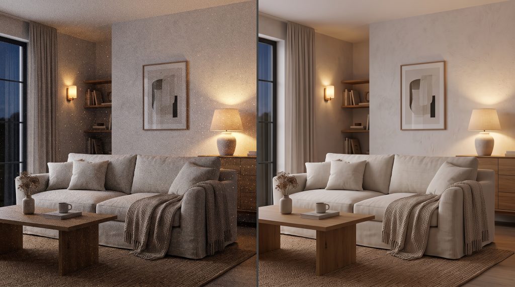 The same living room render twice: on the left a grainy draft full of render noise, on the right the clean result after denoising.