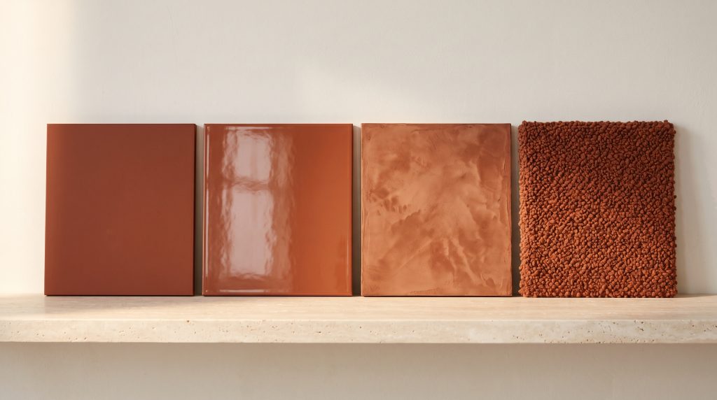 Four sample boards in the same terracotta color: flat matte paint, high-gloss paint, limewash plaster and bouclé fabric, lit from the side.