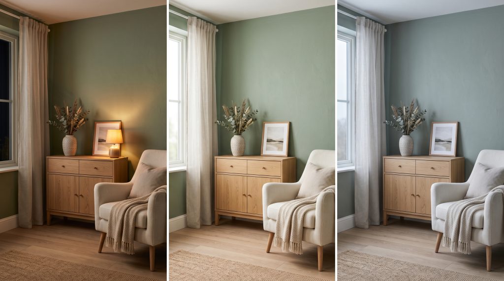 The same corner with a sage-green wall, oak sideboard and linen armchair shown three times: under a warm 2700K lamp, neutral 4000K light and cool north daylight.