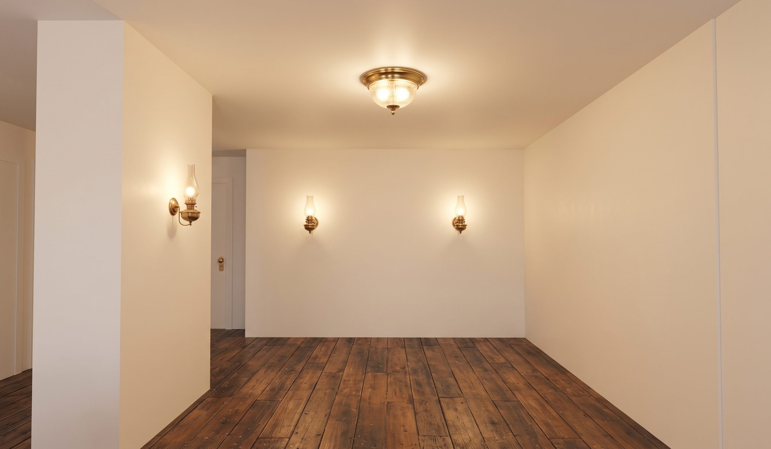 The same room before the design — empty, with plain walls and a wood floor