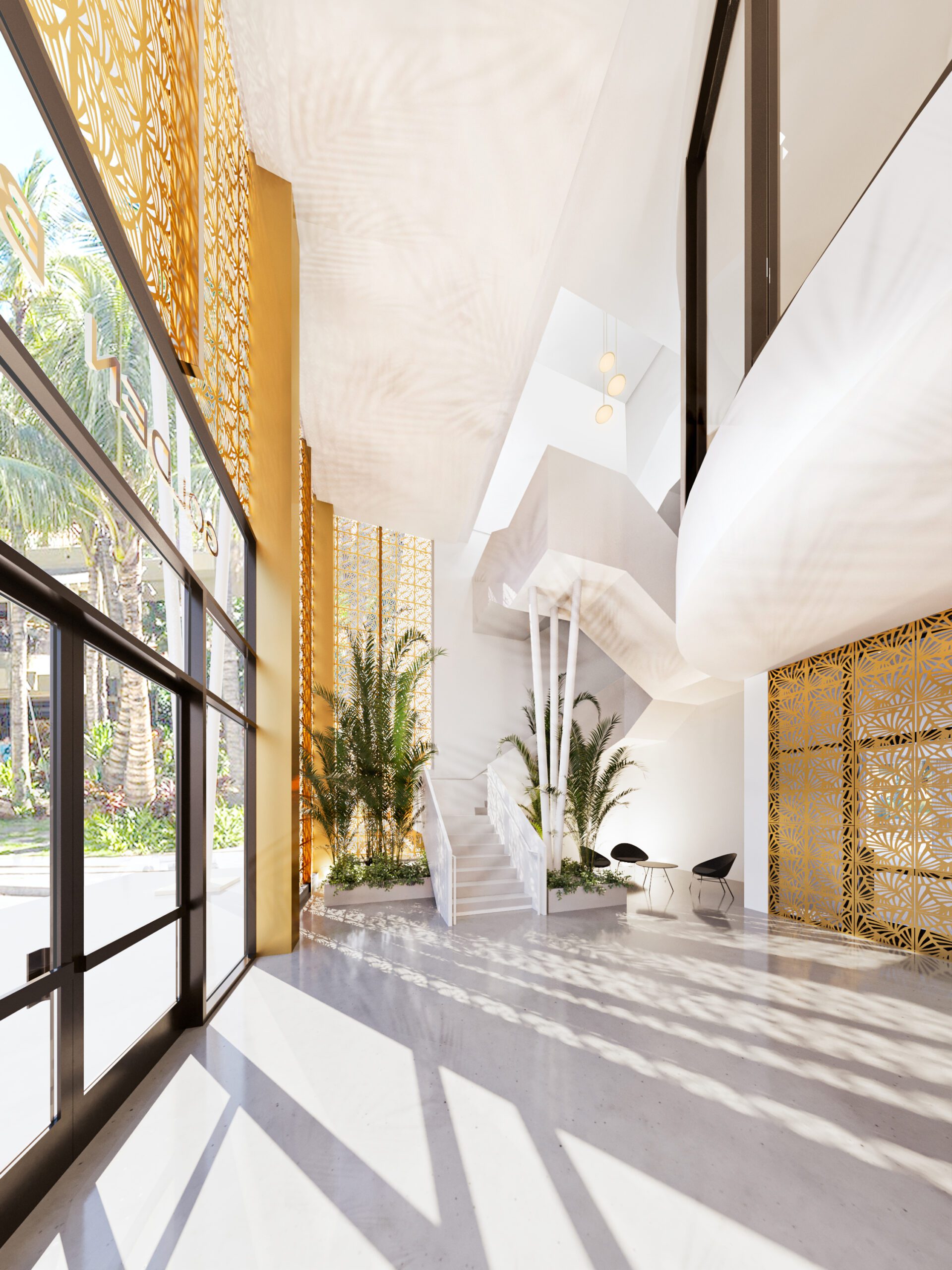 Office lobby with a white atrium, plants and a sculptural staircase