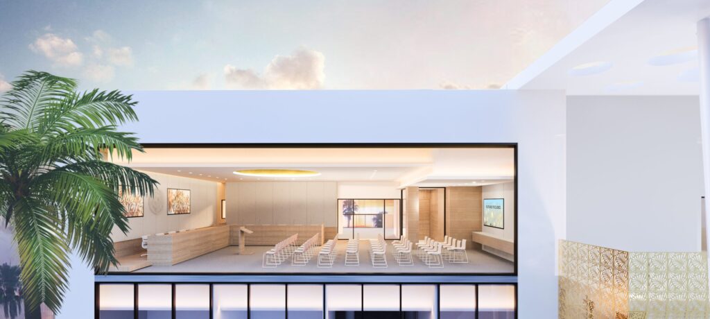Cutaway view of the office lobby and conference room