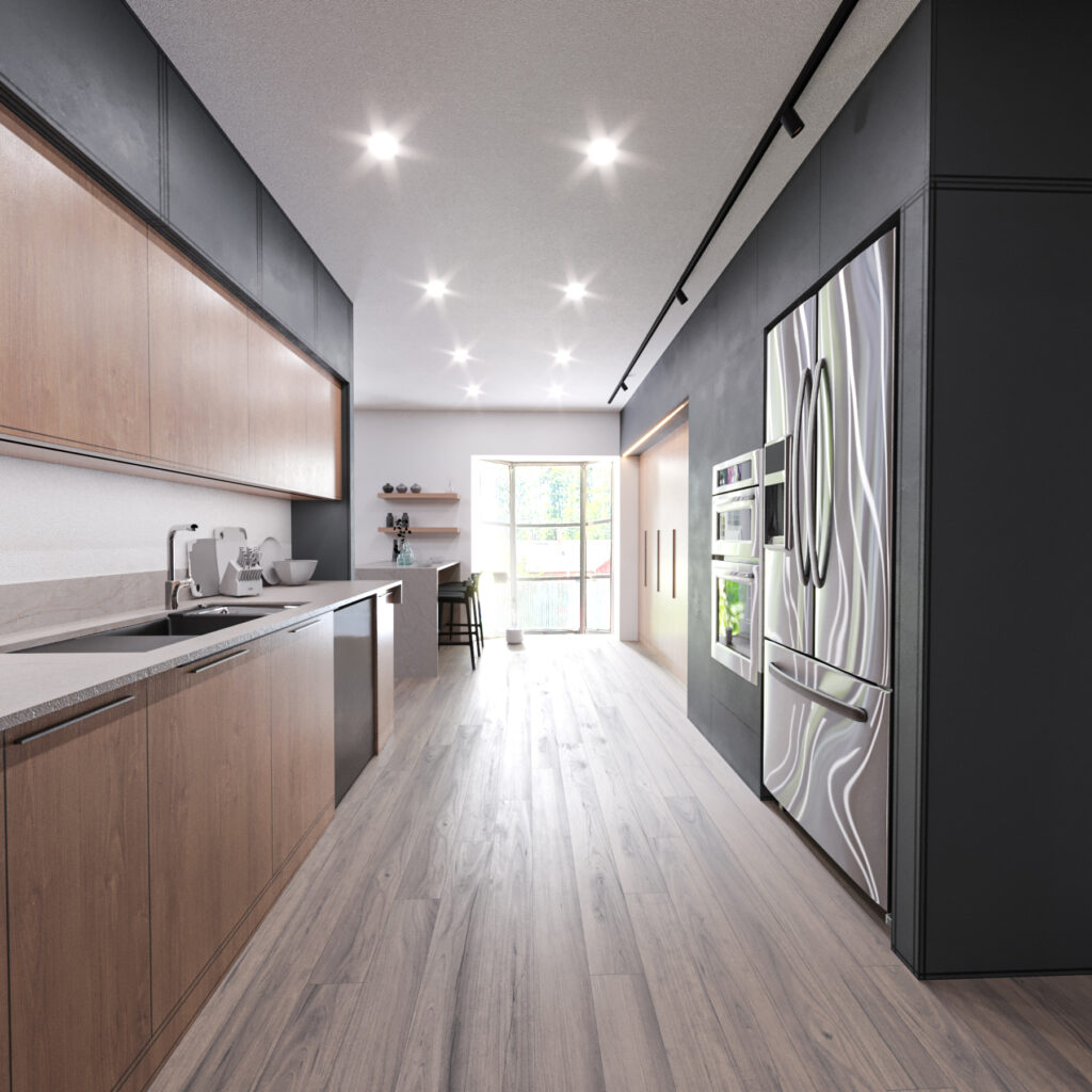 Galley view of the gray and wood kitchen