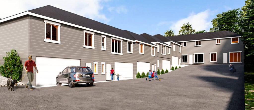 Row of modern gray townhouses
