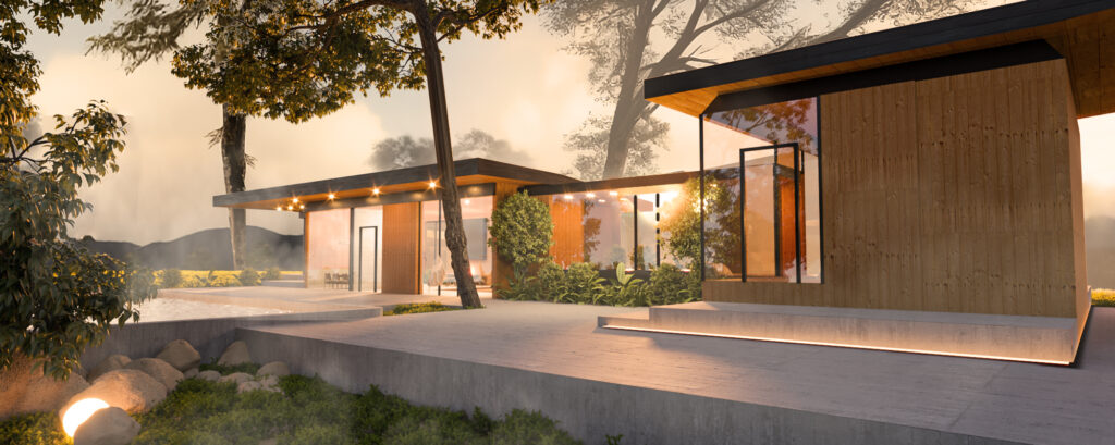 Wood and glass house extension at sunset