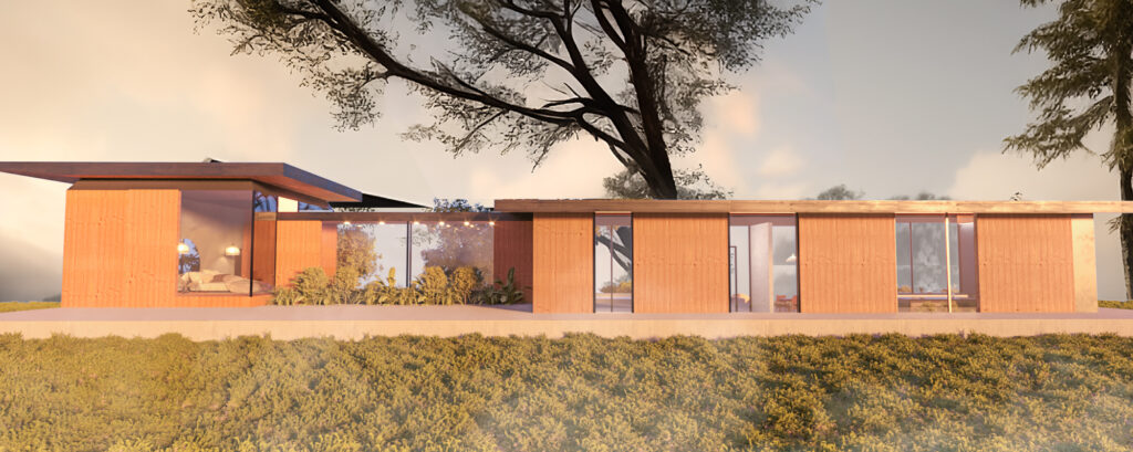 Side view of the wood and glass house extension