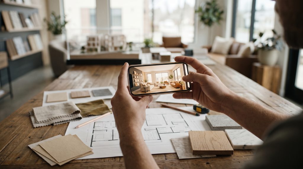 Hands holding a phone showing a 360 virtual tour of an interior design scheme for a bright living room.