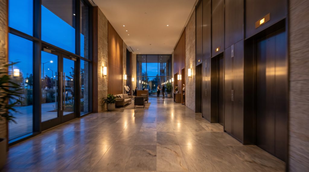 A modern apartment lobby at dusk with warm sconces, seen from a camera gliding toward the elevators.
