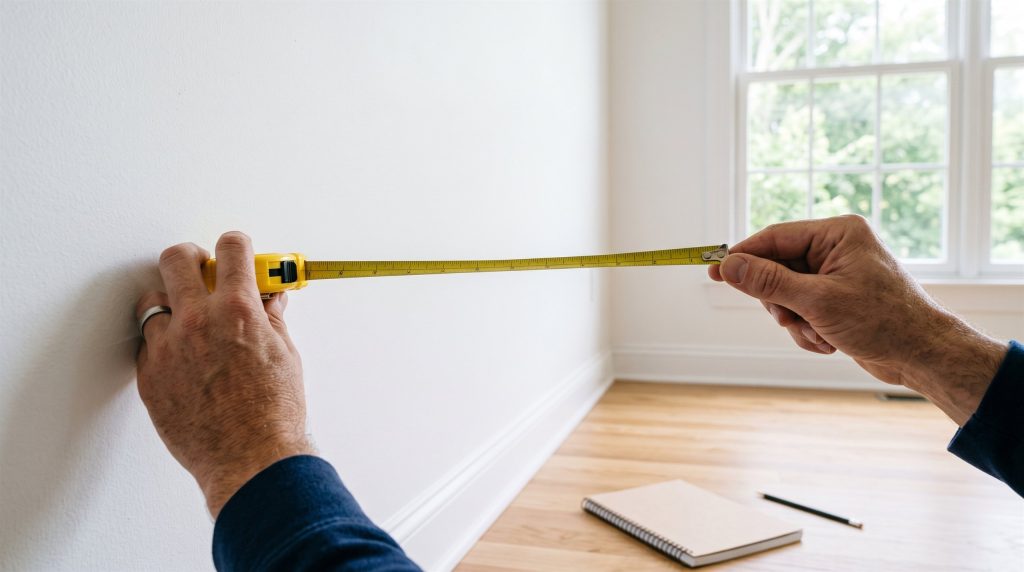 Hands measuring a living room wall with a tape measure, a notebook and pencil on the floor.