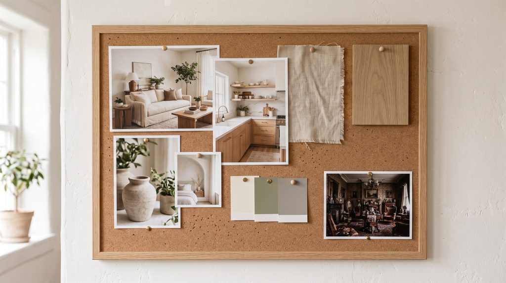 A mood board for a 3D rendering brief: warm minimalist rooms, fabric, wood and paint samples, one ornate room apart.