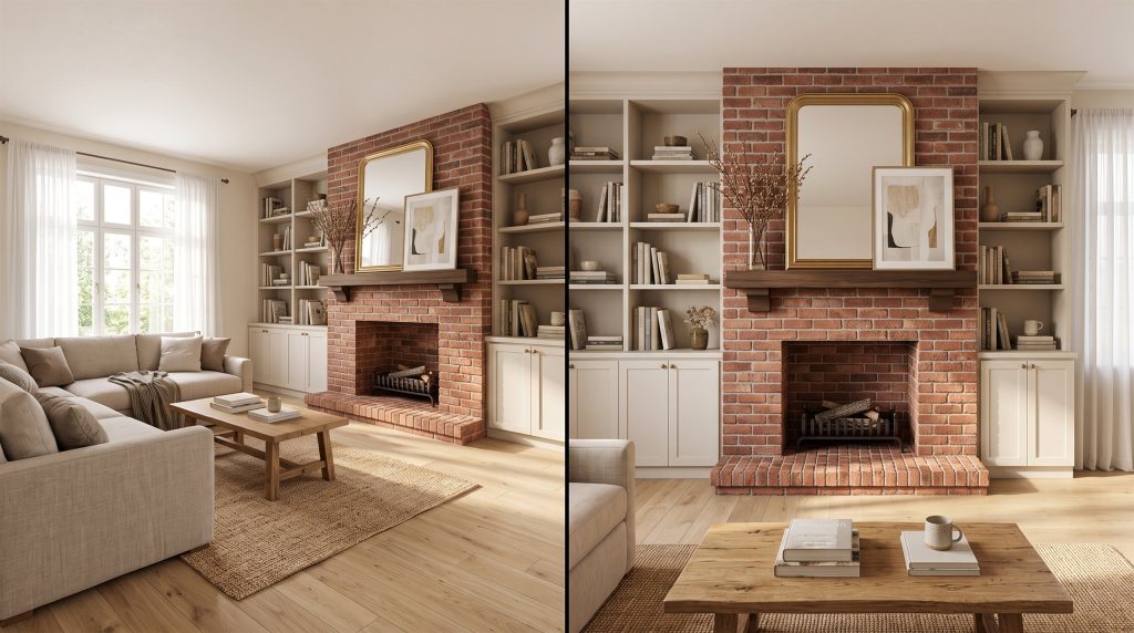 One living room shown from two camera positions: a wide corner view and a straight-on view of the fireplace wall.