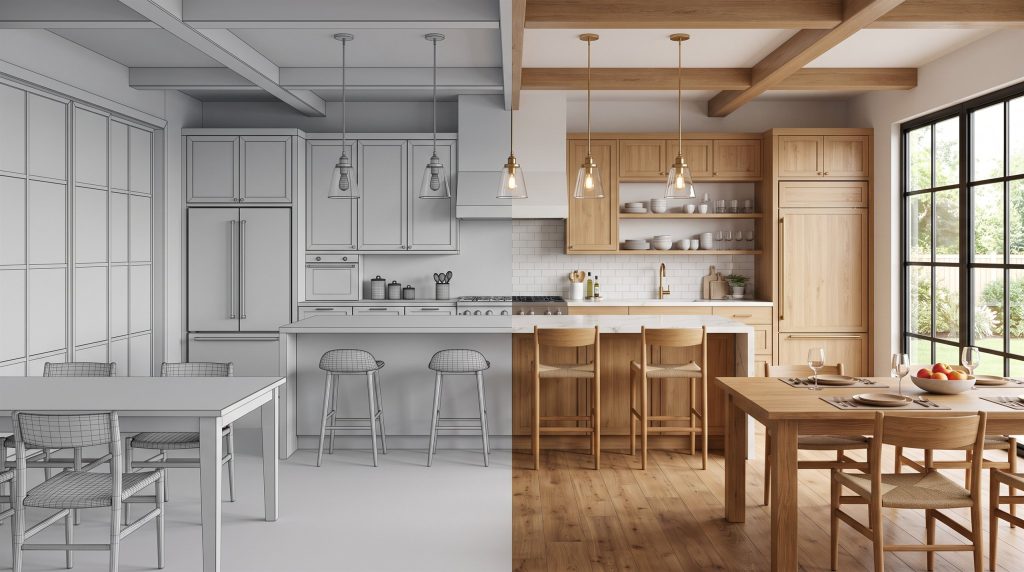 A kitchen shown half as a gray 3D model and half as a finished 3D rendering.