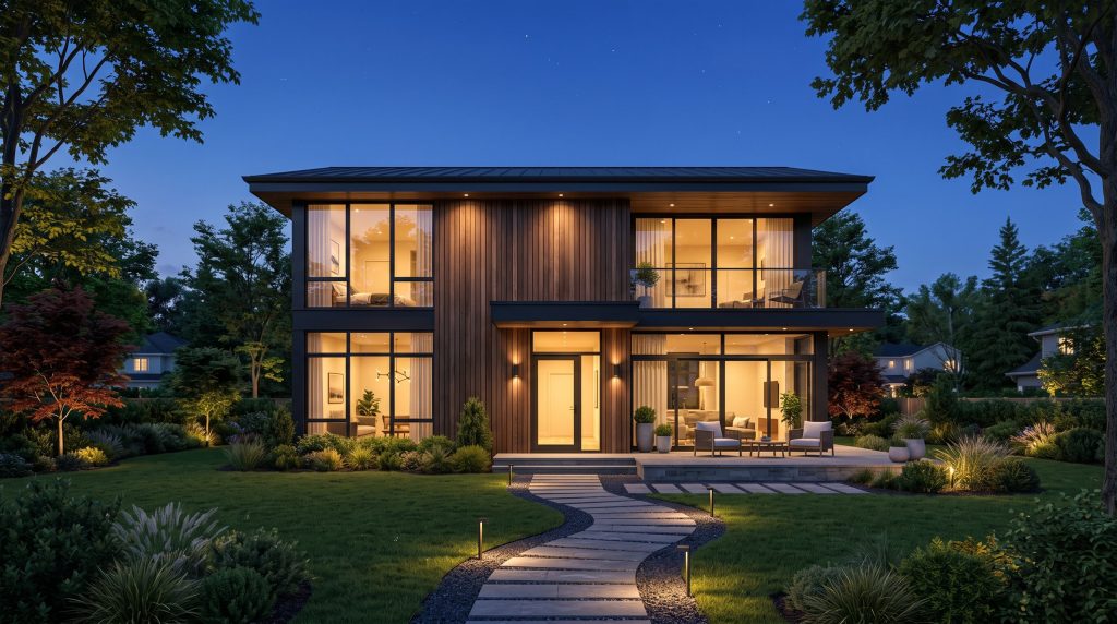 A modern wood-clad house at dusk with warm interior lights and landscape lighting.