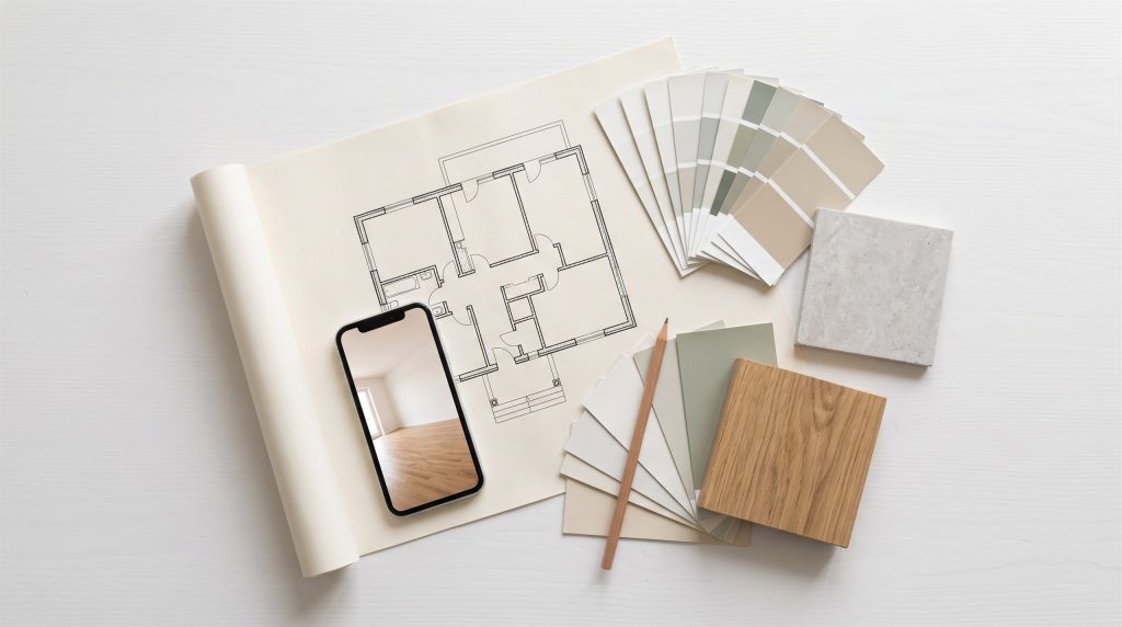 Flat lay of a floor plan, a phone with room photos, paint chips and material samples.