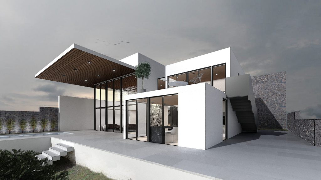 The villa from the garden side, with white volumes, a timber canopy, an outdoor stair and a terrace above the lawn.
