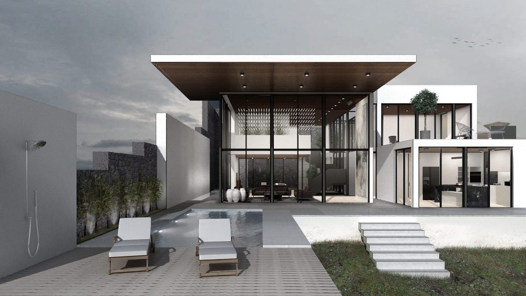 A pool terrace with sun loungers in front of the villa's glass living room and the white upper volume.