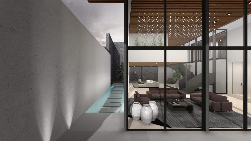 A living room behind floor-to-ceiling glass, with a narrow lit water strip along a stone wall in the foreground.