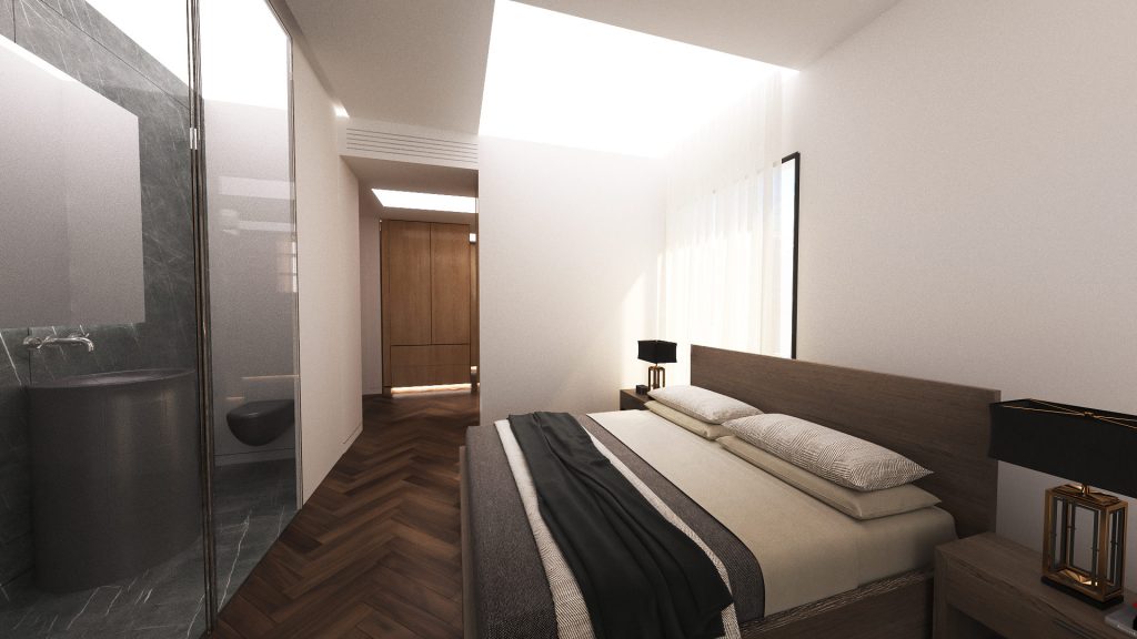 A bedroom with a dark herringbone floor, a low bed, bedside lamps and a gray marble wall.