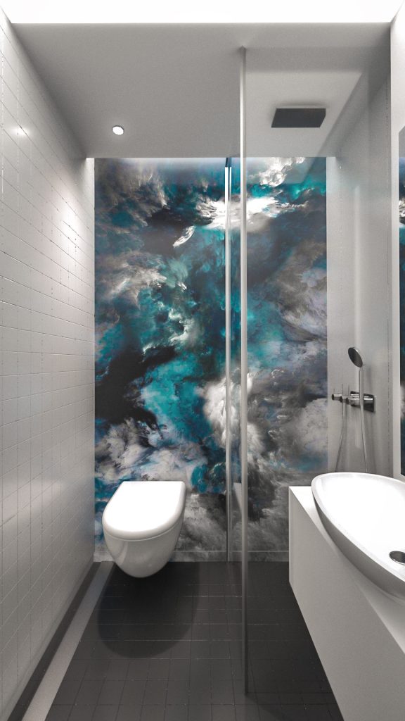 A bathroom with a vivid blue and white stone slab wall, a white tub and a dark floor.
