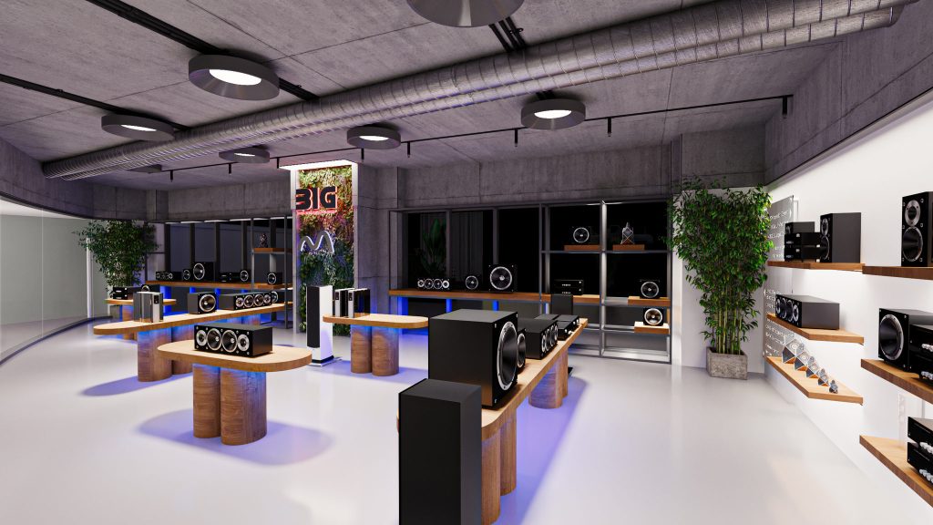A speaker showroom with products on wood plinths and wall shelves, blue accent lighting and a dark open ceiling with round lights.