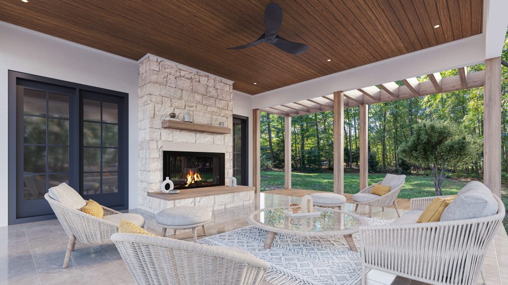 Covered Backyard Porch with an Outdoor Fireplace