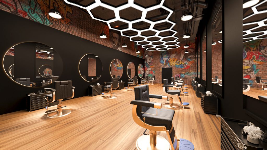 Barbershop and Lounge in Black, Brick and Wood