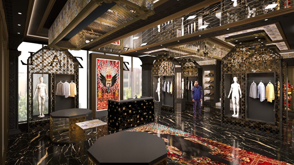 A menswear showroom with gold lattice gables over the displays, a black marble floor with a red patterned rug and a quilted black counter.