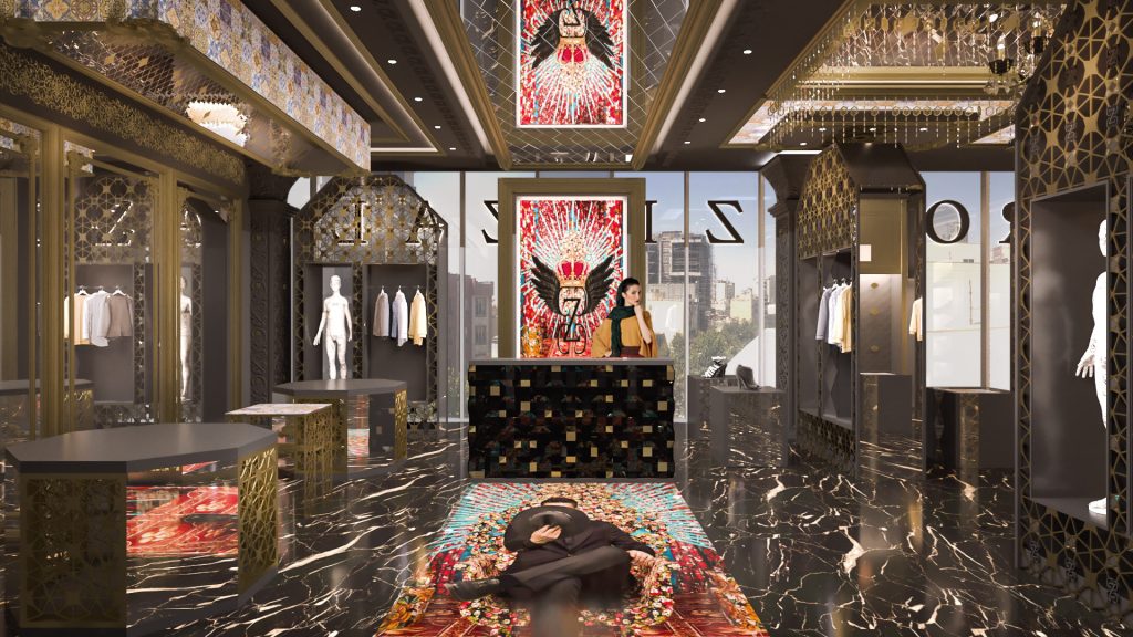 A showroom with gold lattice frames, a large red graphic panel, shirts on rails and a quilted counter on a black marble floor.