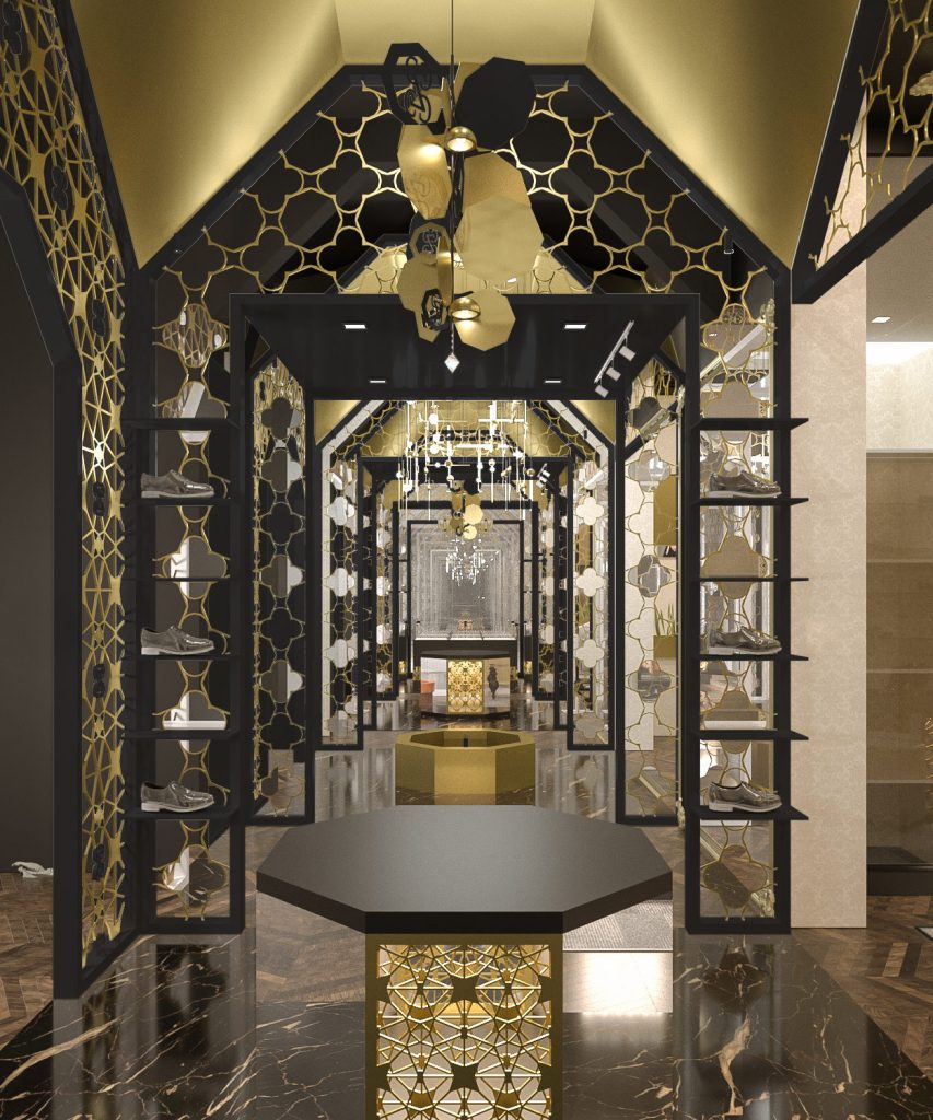 A tall gold lattice gable leading through shelves of shoes and accessories to a lit display at the back.