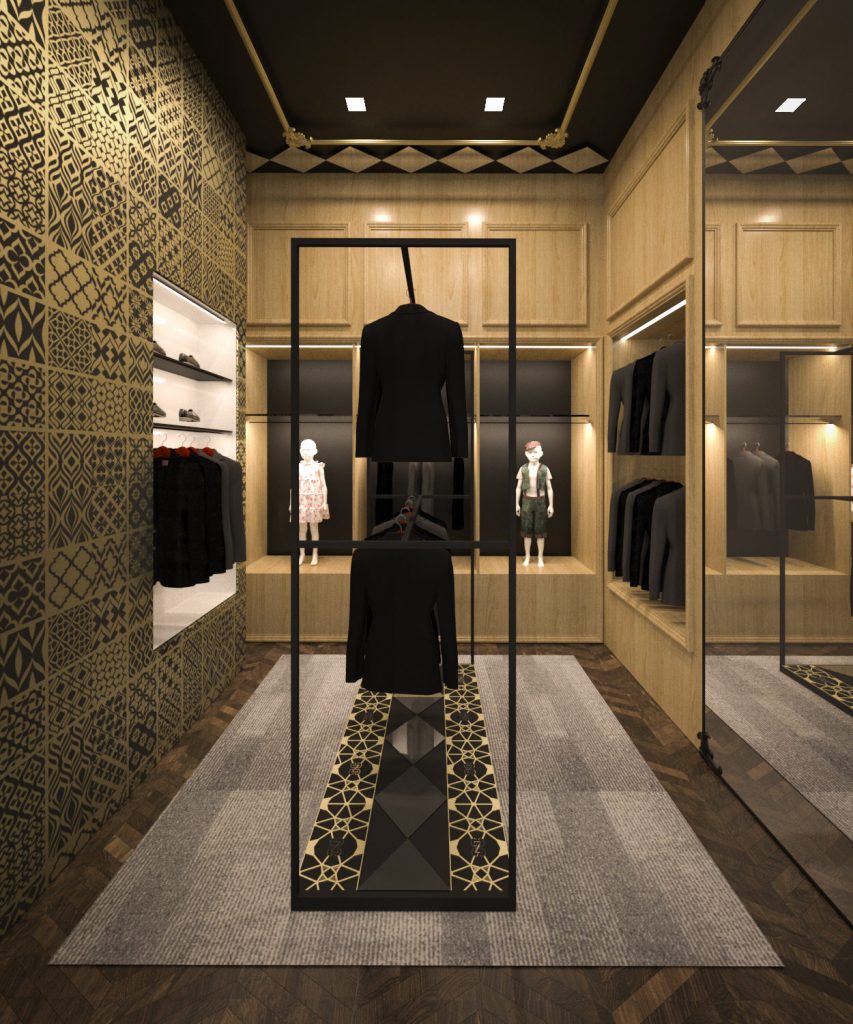 Black suits on a slim metal frame in front of quilted gold walls with display niches.