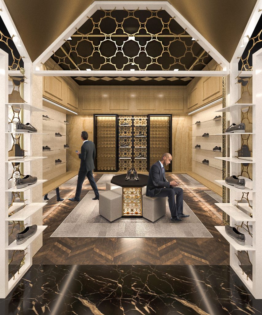 A shoe lounge with white shelving, gold lattice ceiling panels, two customers seated and a black and white marble floor.