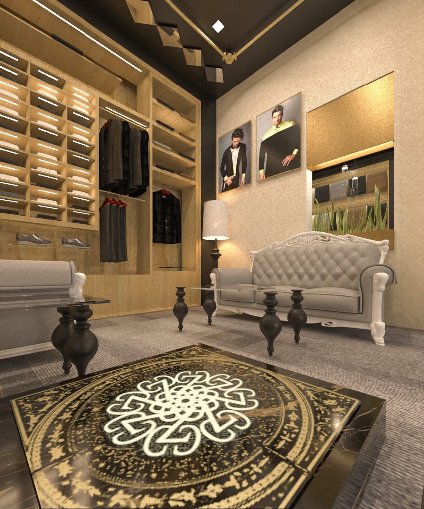 A private fitting lounge with a tufted cream sofa, wood shelving of clothes and a black rug with a gold medallion.