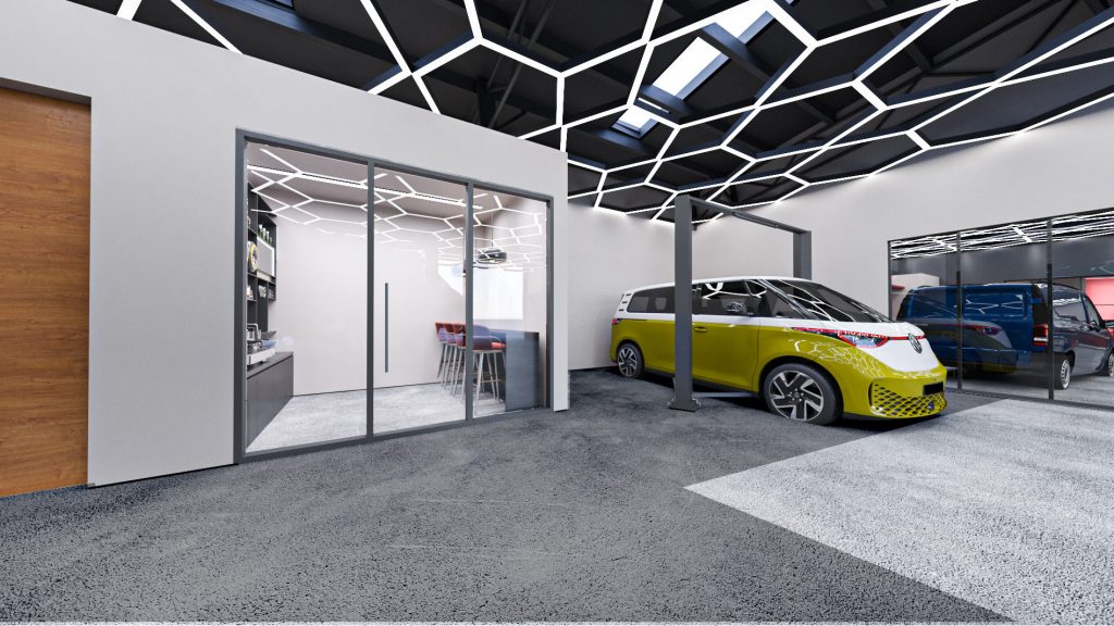 A service bay with a yellow and white van, a honeycomb LED ceiling and a glass-walled office beyond.