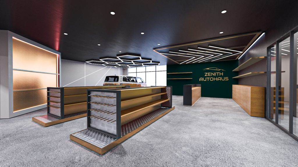 The accessories showroom with wood display gondolas, a copper feature wall, a green logo wall behind the counter and LED ceiling lines.