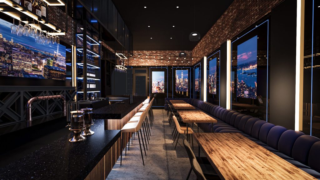 A long dining room with a black bar counter, wood tables along a dark banquette, skyline panels on the walls and a brick ceiling with downlights.