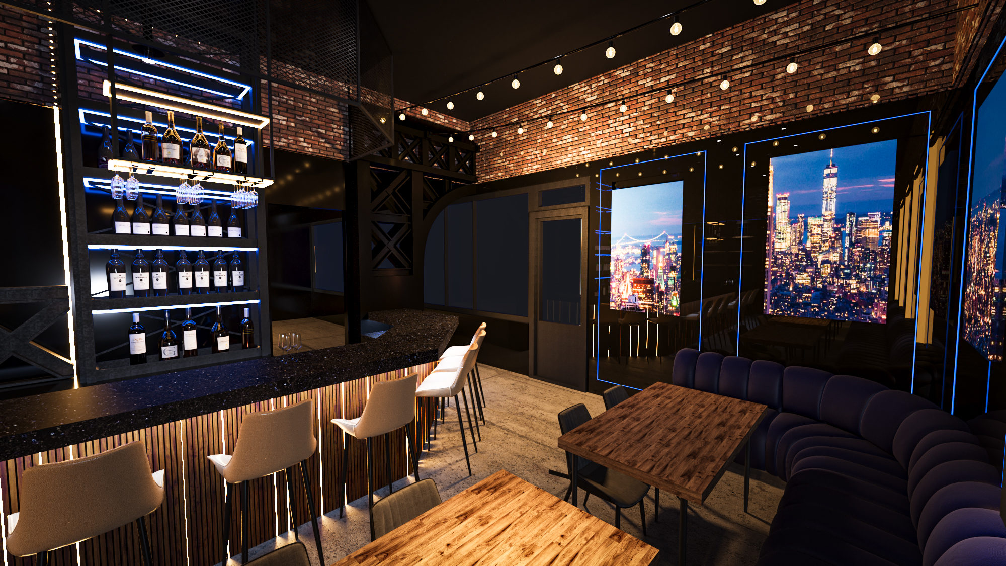A dark cocktail bar with a long counter and white stools, backlit bottle shelves, city-skyline screens and a navy banquette with wood tables.