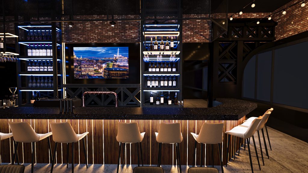 The bar head-on: a long stone counter with white stools in front of backlit bottle shelves and a screen showing a city skyline.