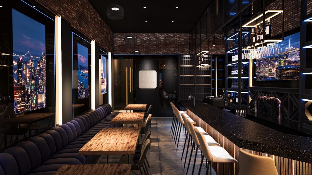 A row of wood tables along a deep navy banquette, with lit wall strips, skyline panels and the bar opposite.