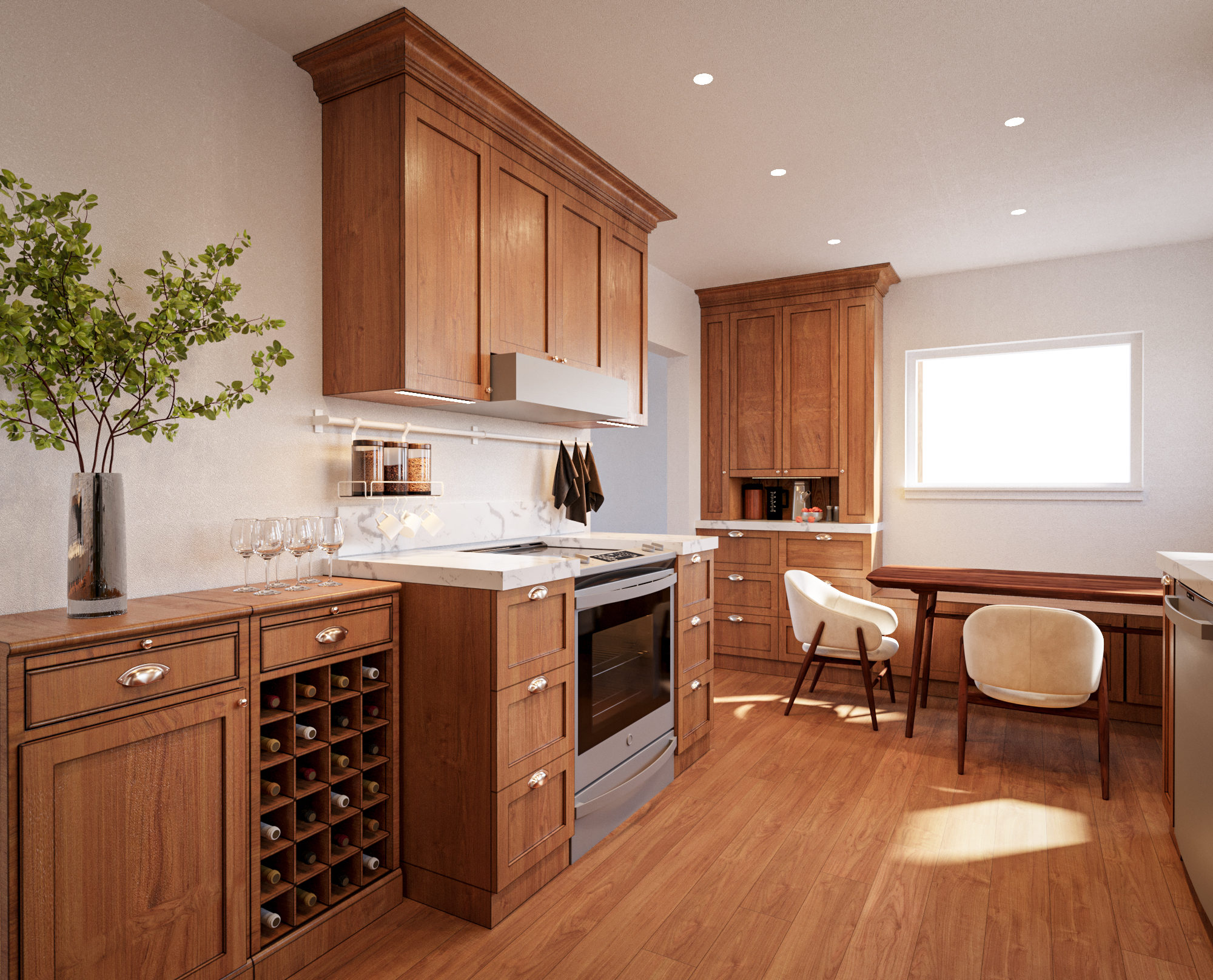 A craftsman kitchen with cherry-toned cabinets, a built-in wine rack, white counters, a stainless range and a small dining table by the window.