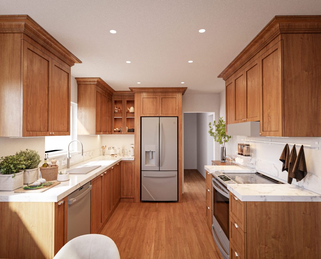 The cherry wood kitchen from the other end, with a stainless fridge, white stone counters, a tiled backsplash and a sink under the window.