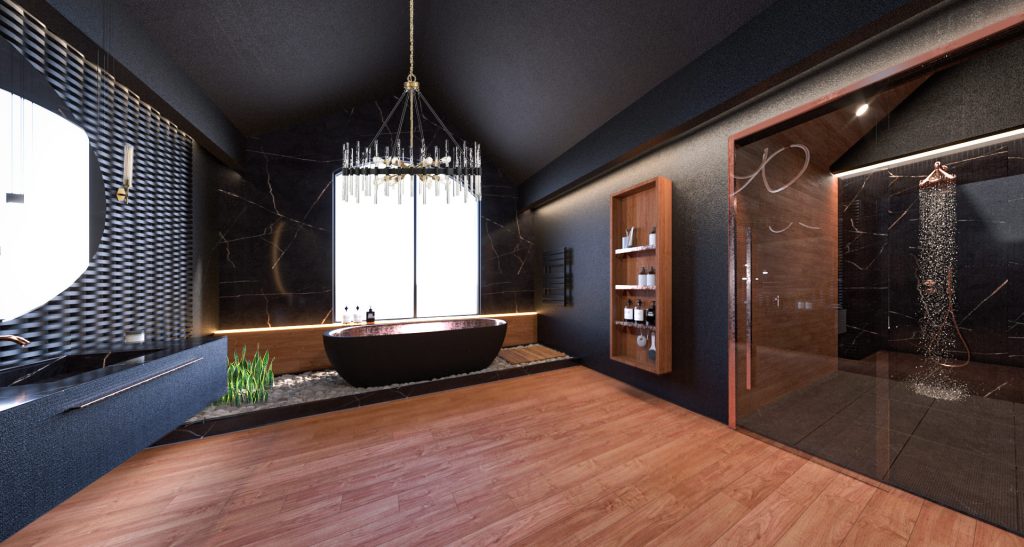 Dark Luxury Bathroom with a Black Tub