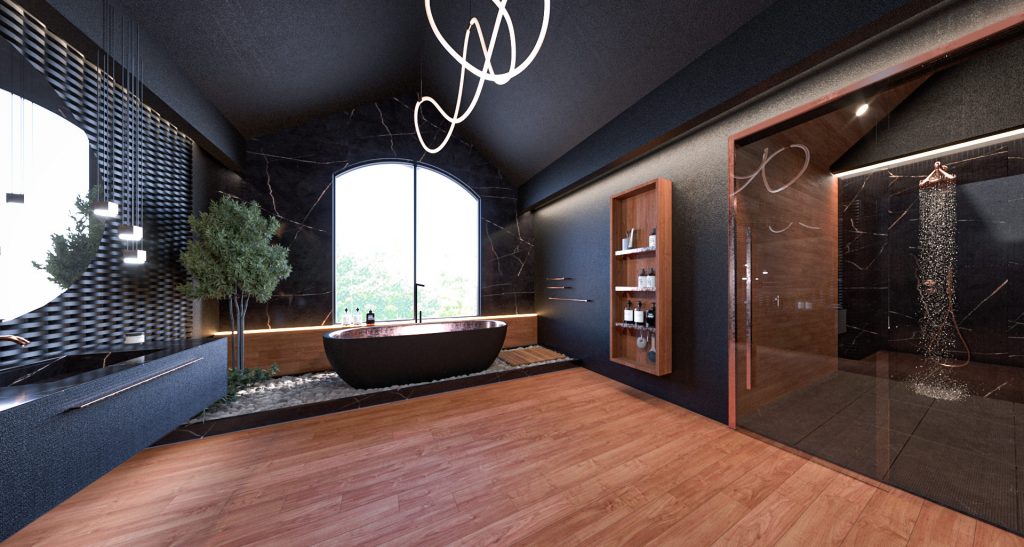 The same bathroom with a sculptural line pendant over the black tub, a planter, an arched window and warm wood floors.