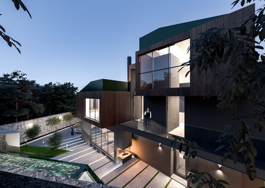 A timber and glass villa with a green sloped roof, terraces and steps leading down to a lit pool at dusk.