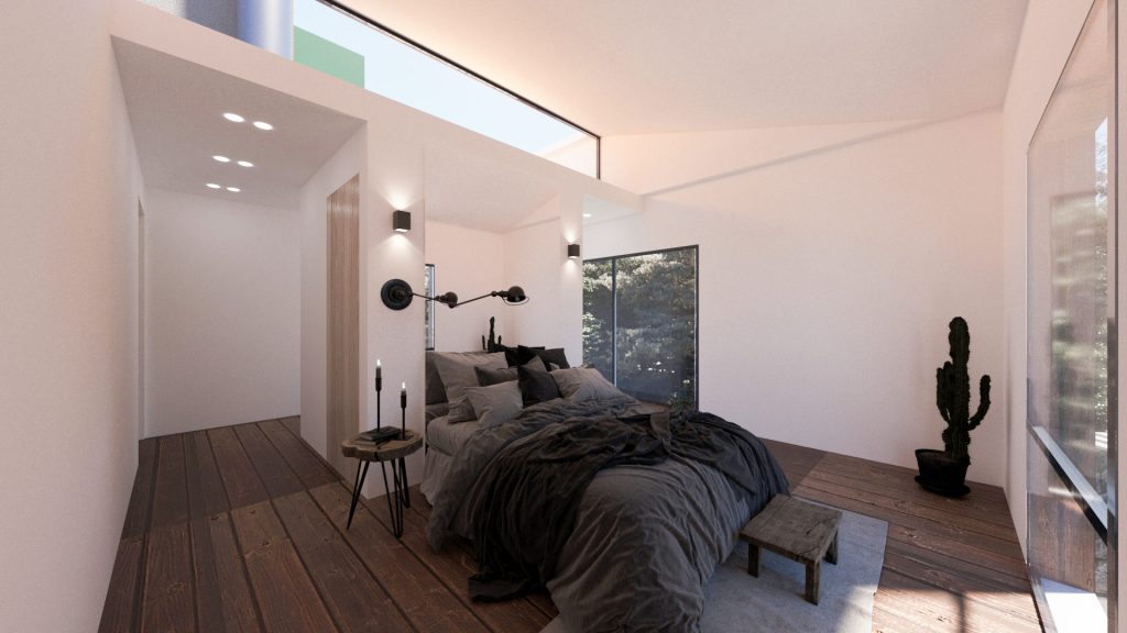 A bedroom with a dark wood floor, a low bed with gray bedding, a high window strip and a glass wall onto the trees.