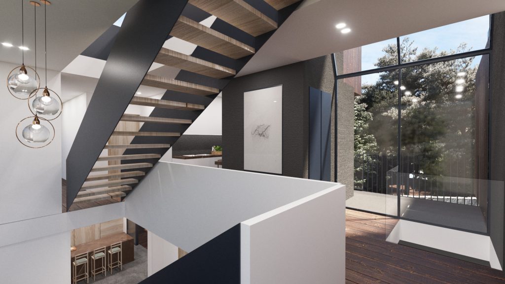 A double-height stair hall with floating wood treads, glass pendants and a tall window onto the forest.