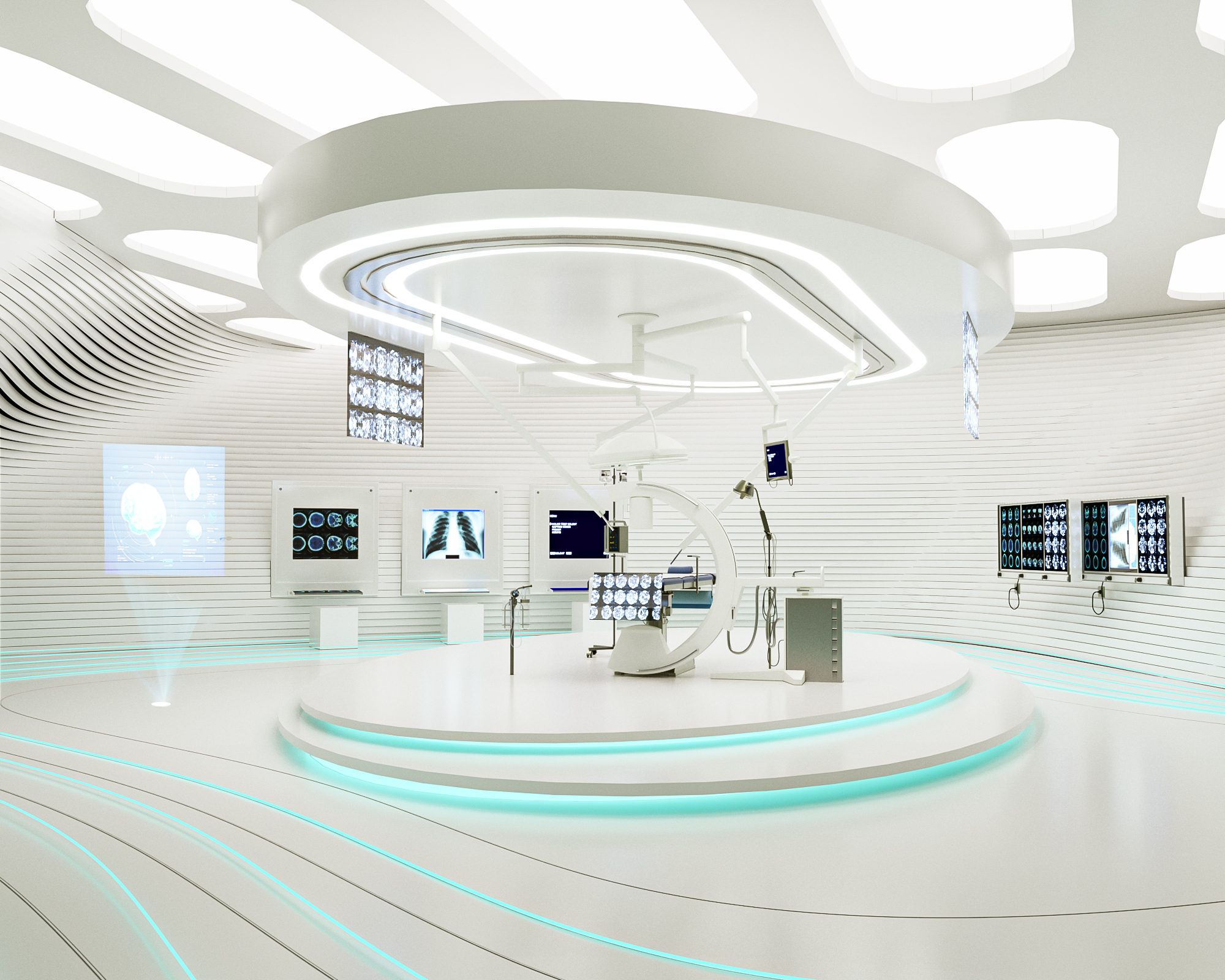 A white, rounded treatment zone with a circular light ring overhead, medical equipment, wall screens and glowing teal lines on the floor.