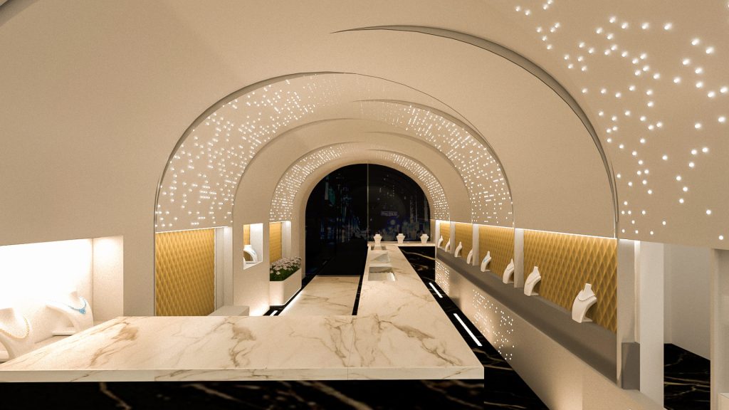 A white arch with starry pinpoint lights framing a dark tunnel entrance, above a marble counter and gold niches.